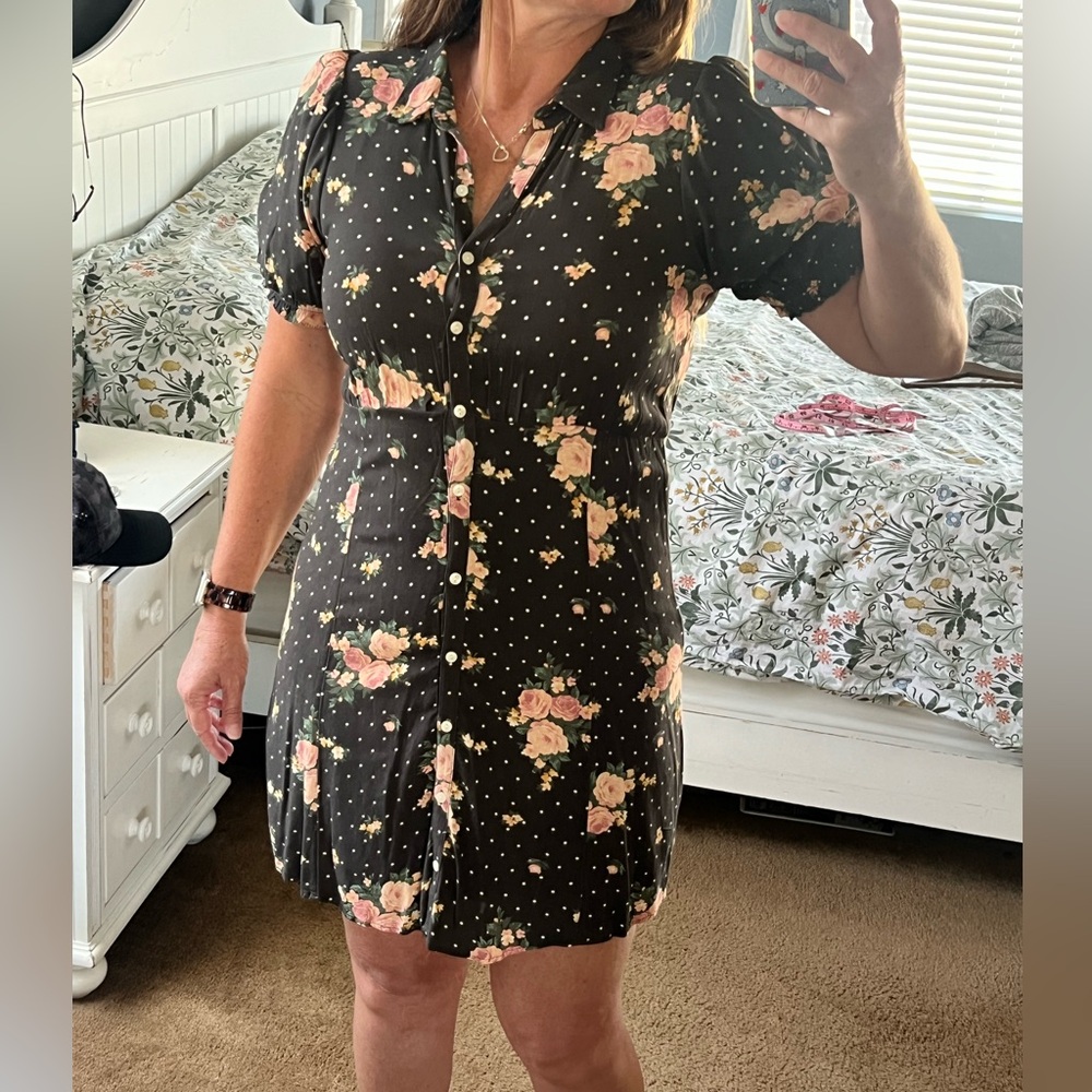 American Eagle Outfitters Charcoal grey polkadot floral Puff Sleeve Mini Dress
